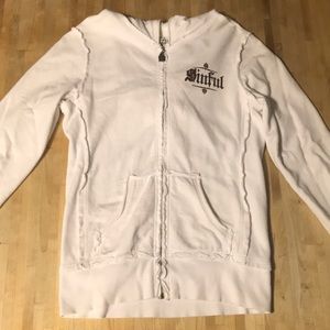 Sinful White Hooded Zip Up Jacket with rhinestones